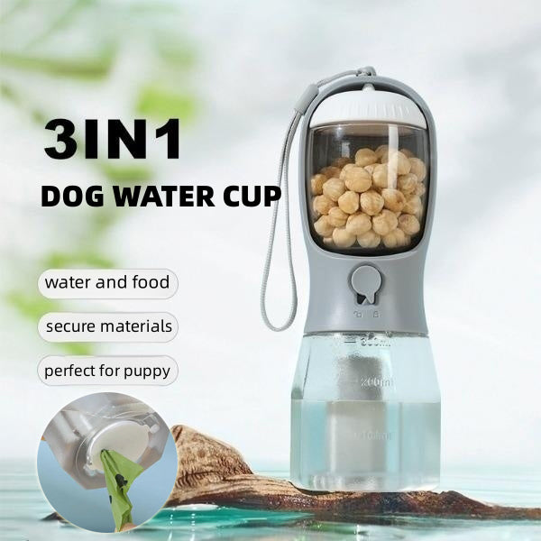 Paw Haven 3-in-1 Portable Pet Water Bottle – 300ml Water, Food & Waste Bag Dispenser