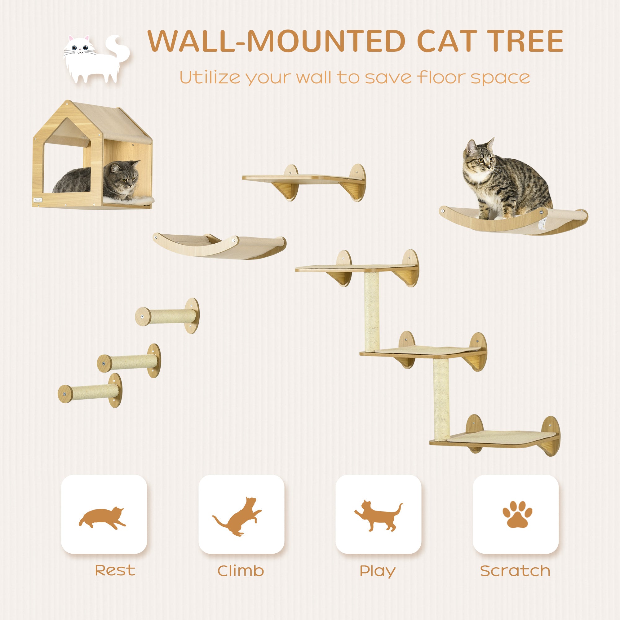 ZenPaw 8-Piece Cat Wall Climbing Shelf Set – Hammock, Condo & Scratching Posts, Oak