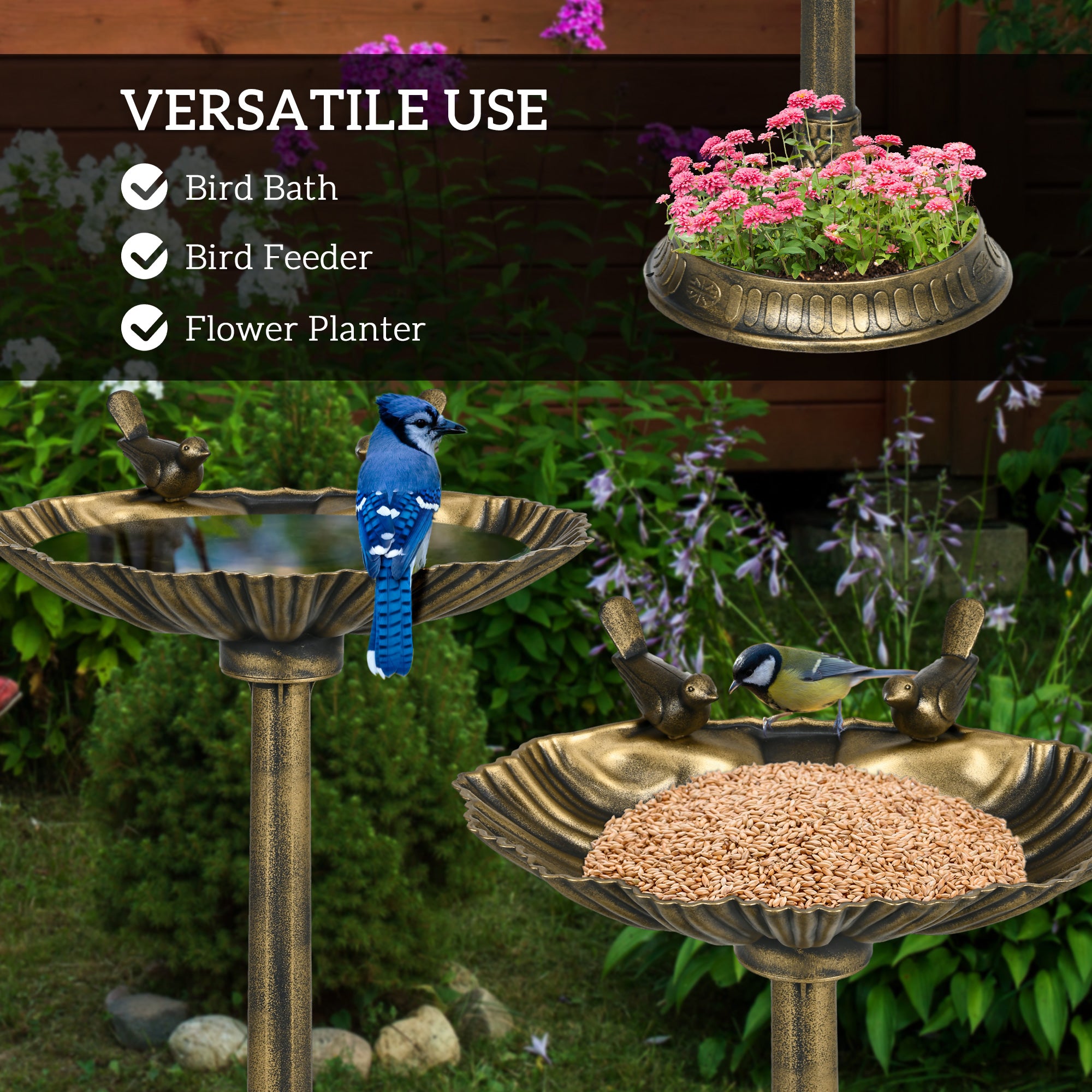ZenPaw 32" Antique Bronze Bird Bath with Planter Pedestal & Bird Statues