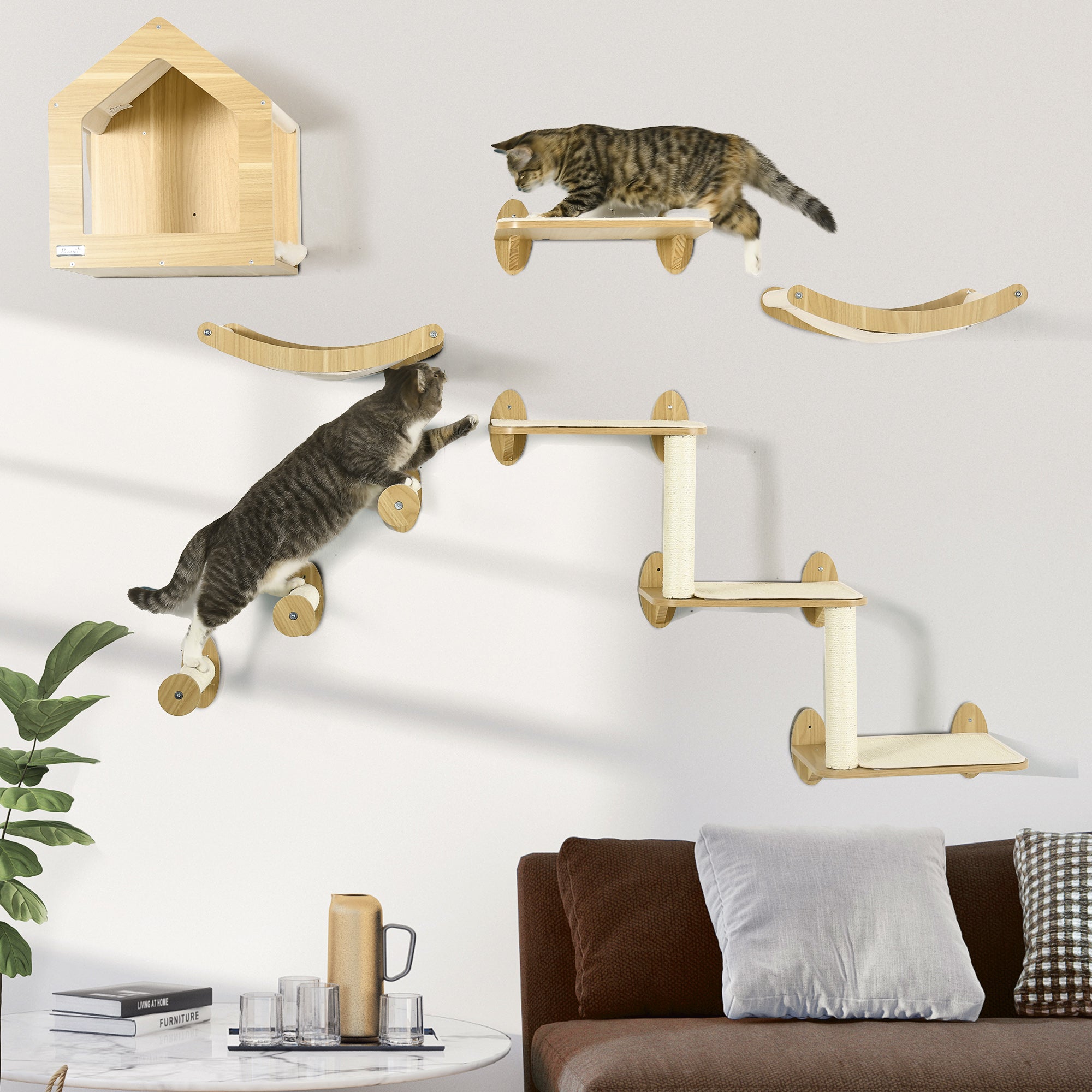 ZenPaw 8-Piece Cat Wall Climbing Shelf Set – Hammock, Condo & Scratching Posts, Oak