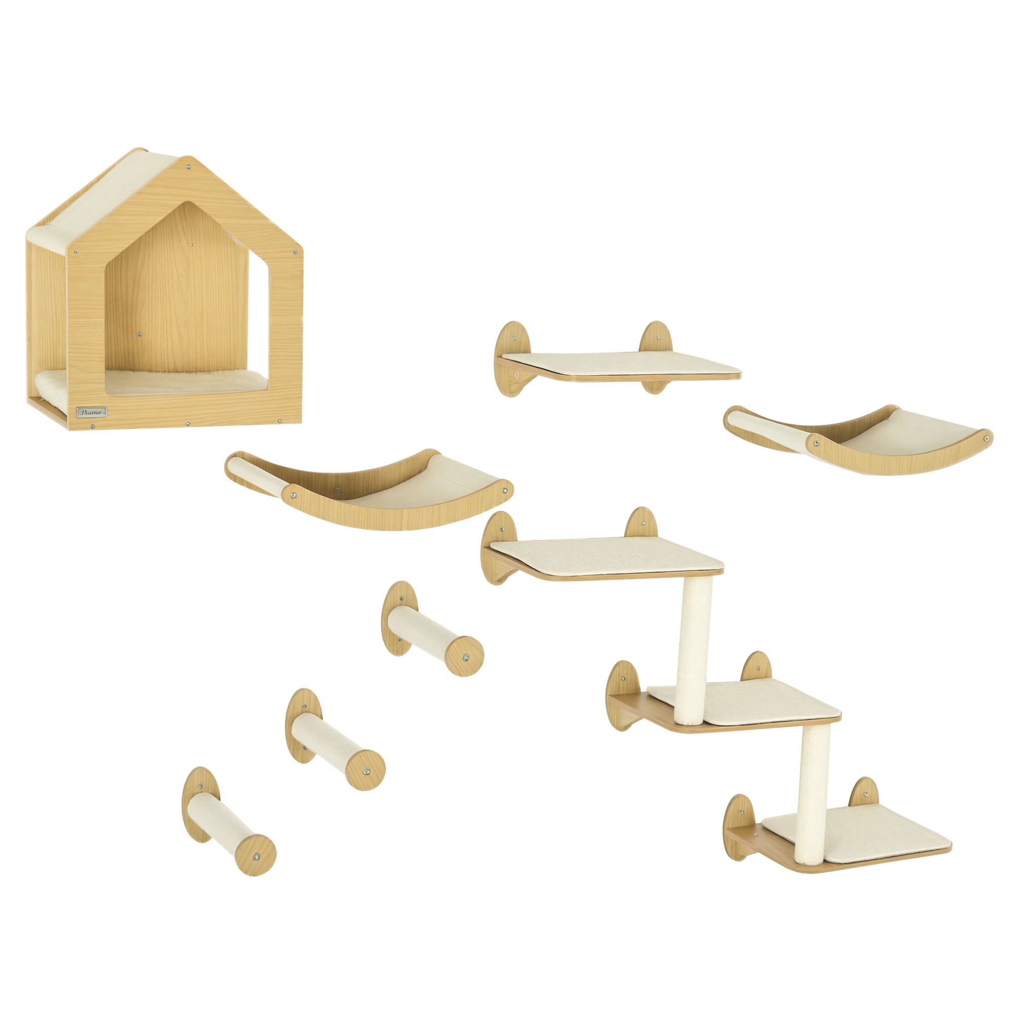 ZenPaw 8-Piece Cat Wall Climbing Shelf Set – Hammock, Condo & Scratching Posts, Oak