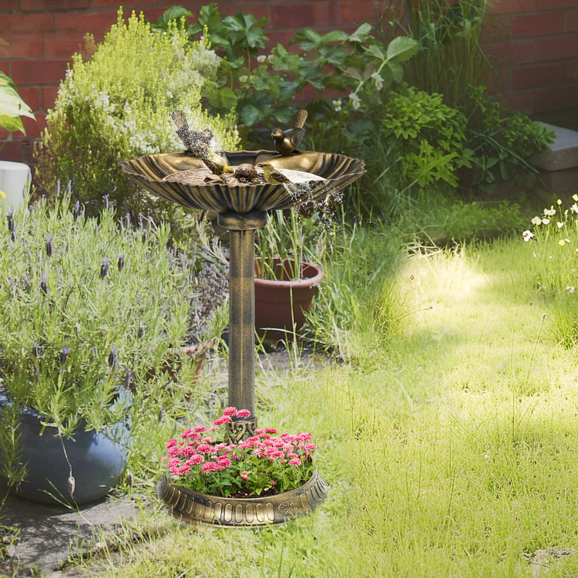 ZenPaw 32" Antique Bronze Bird Bath with Planter Pedestal & Bird Statues